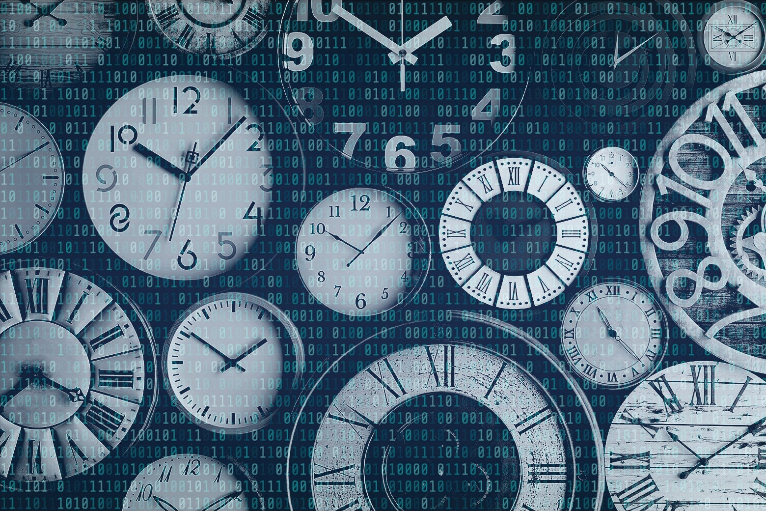 A collection of clocks with binary code overlaid on top.
