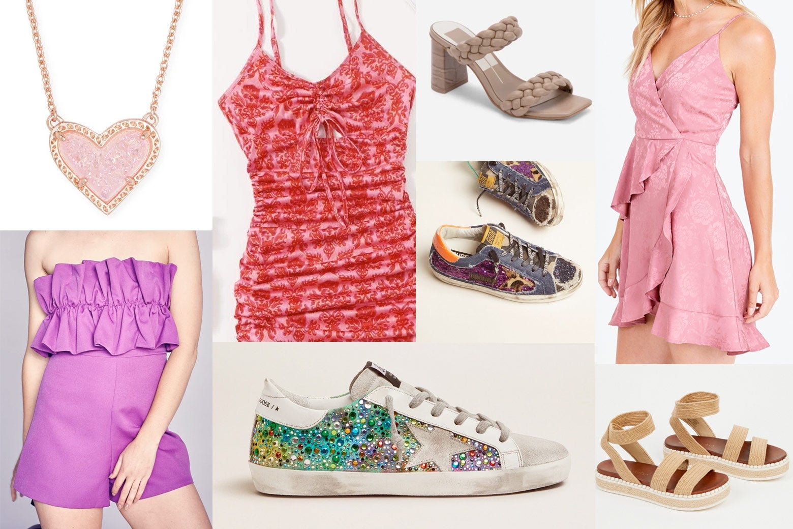 A collage of photos of a heart necklace from Kendra Scott, dresses and sandals from Shein, the Pants Store, and Altar'd State, and Golden Goose sneakers.