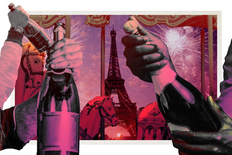 Hands hold Champagne bottles in front of a window that shows horses and the Eiffel Tower.