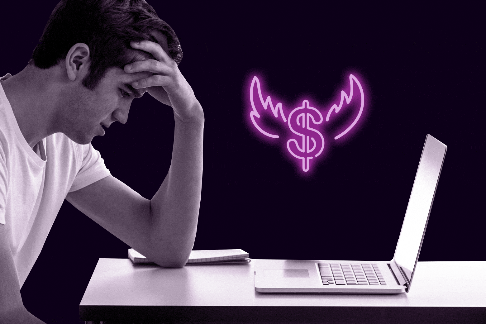 Worried male college student in front of laptop next to a neon dollar sign with wings.