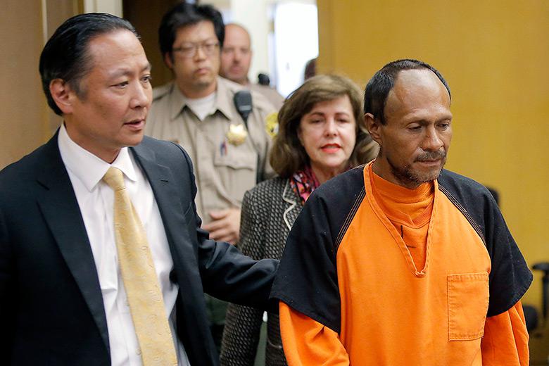In this July 7, 2015, file photo, Jose Ines Garcia Zarate is led into the courtroom for his arraignment at the Hall of Justice in San Francisco.