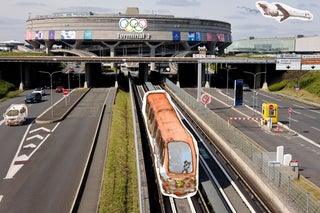 A metro shuttle passes near the Terminal 1at Roissy-Charles de Gaulle Airport, overlaid with illustrations of the metro train, a car on the road nearby, a plane in the sky, and the Olympic rings on the side of the building. 