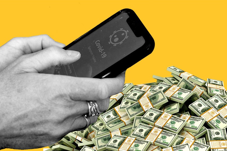 A man holding a smartphone with a COVID-19 contact tracing app and a pile of money.