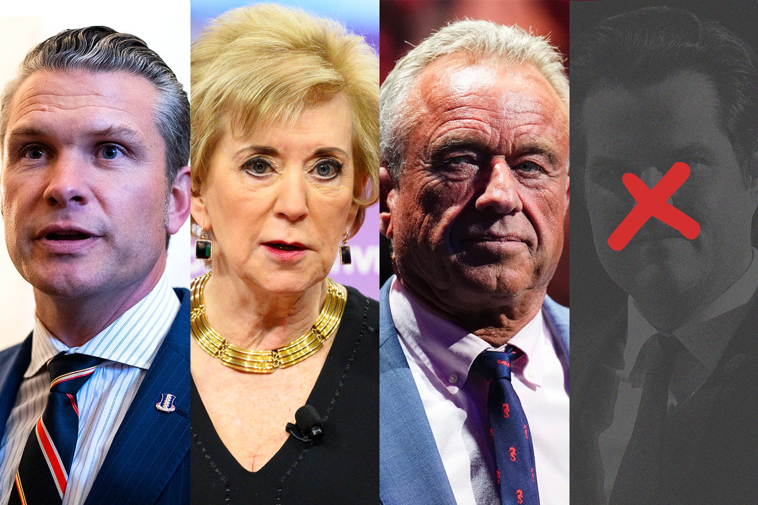 Trump Cabinet picks Peter Hegseth, Linda McMahon, RFK Jr., and Matt Gaetz (grayed out and with an X over his face).