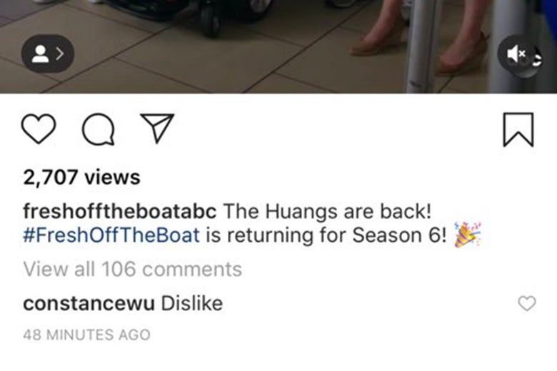A screenshot of Fresh Off the Boat's Instagram post showing user "constancewu" has commented "dislike."