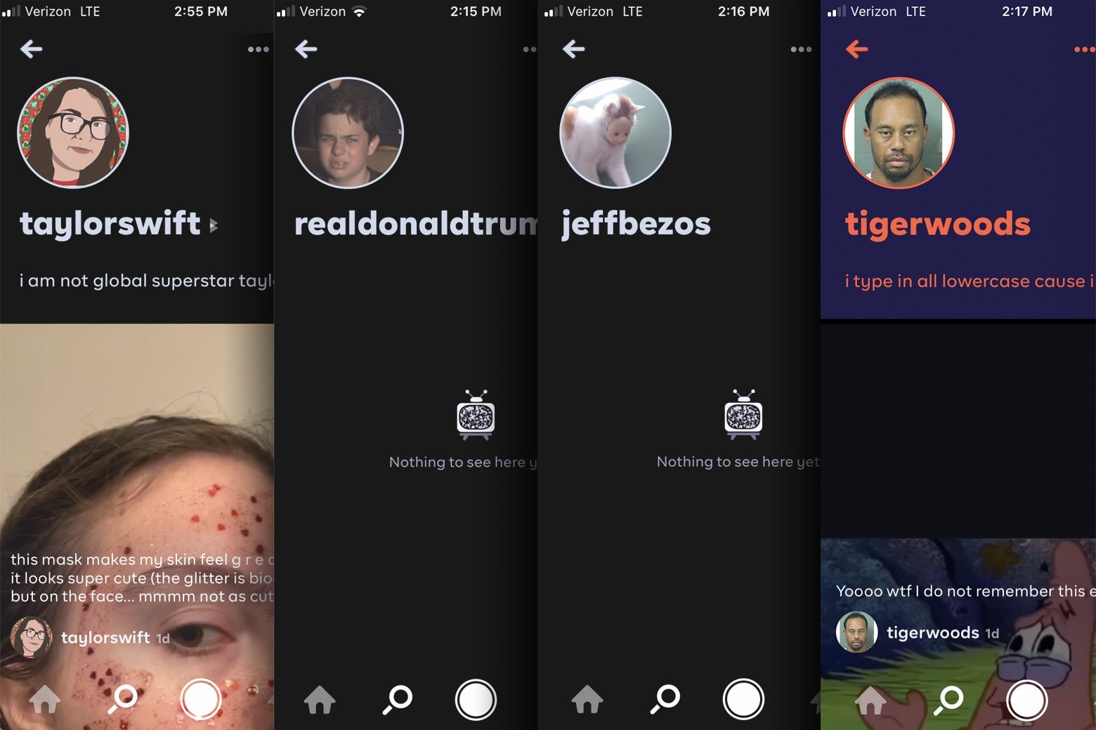 Fake accounts for Taylor Swift, Jeff Bezos, Donald Trump, and Tiger Woods on Byte.