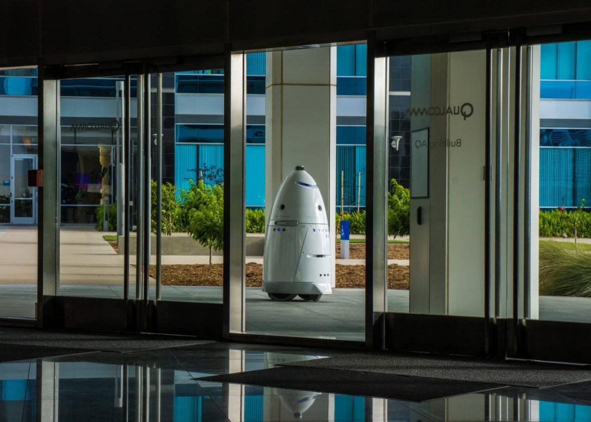 A Knightscope robot security guard rolled into a fountain.