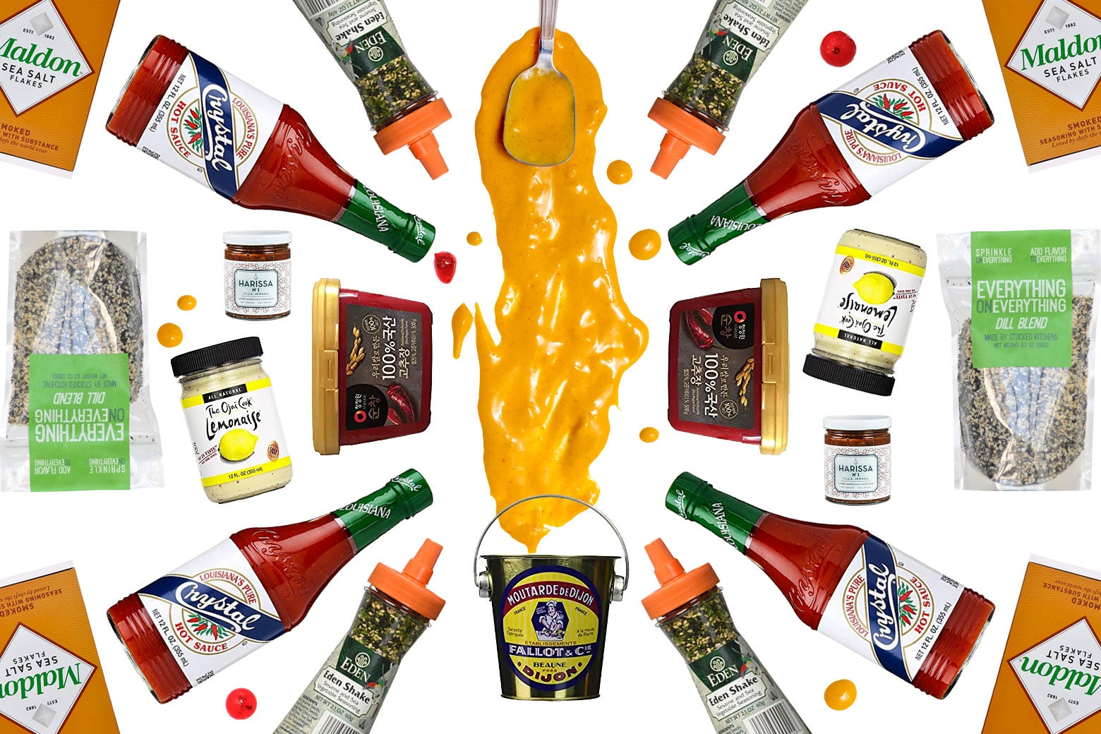 Mustard and other condiments in a colorful array.