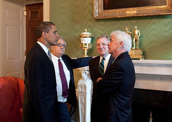 President Barack Obama meets with Rep. Barney Frank and Sens. Dick Durbin and Chris Dodd at the White House.