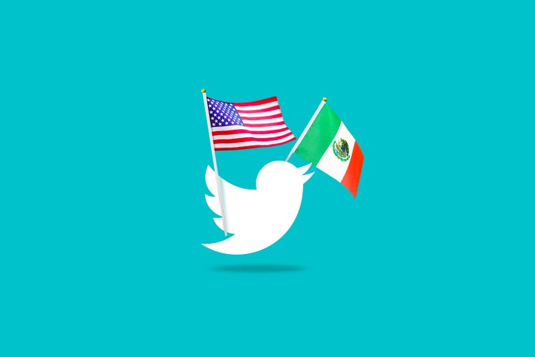 Twitter bird on a blue background holding a small American and Mexican Flag.