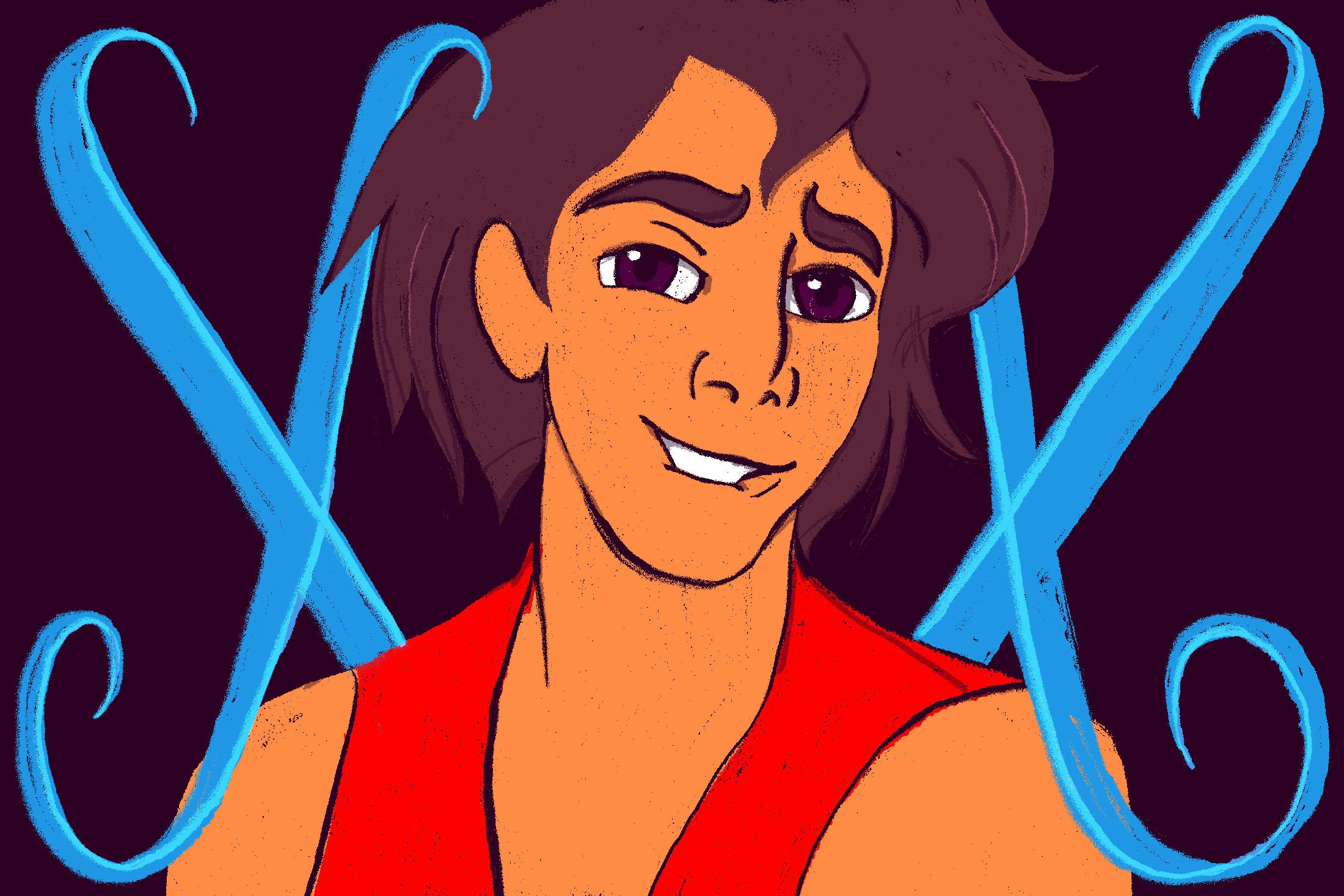 Illustration of a counterfeit Aladdin flanked by very suggestive blue Xs. Aladdin might be biting his lips.