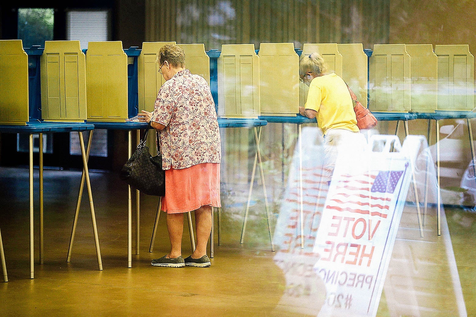 Voters stand at voting booths.