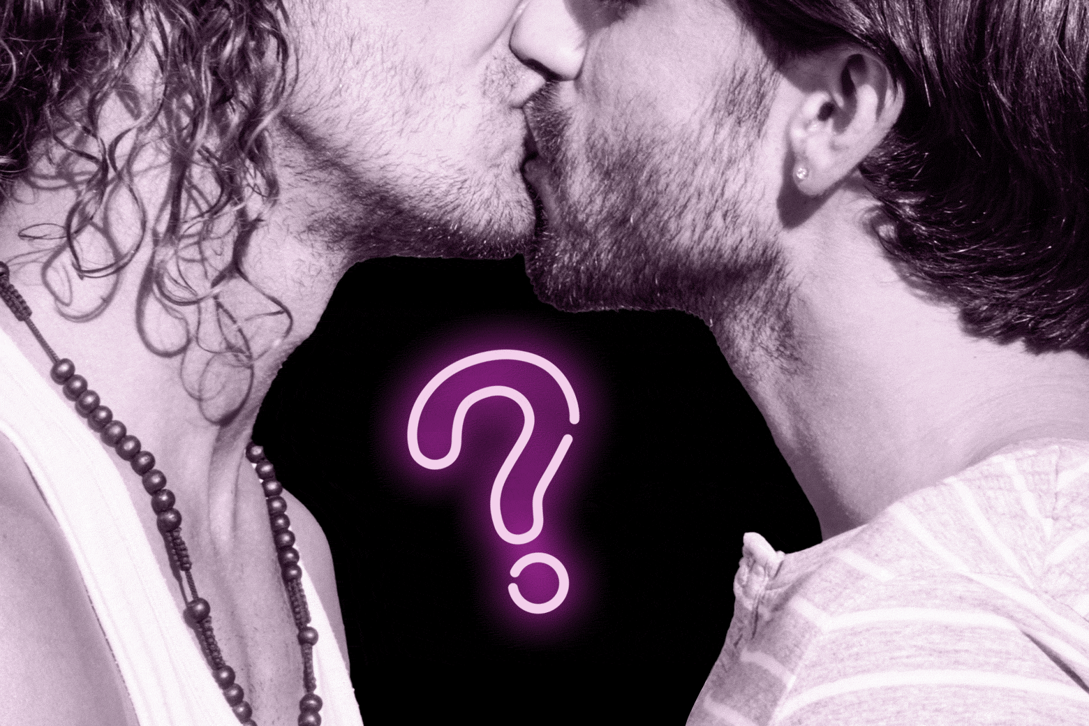 Two men kissing.
