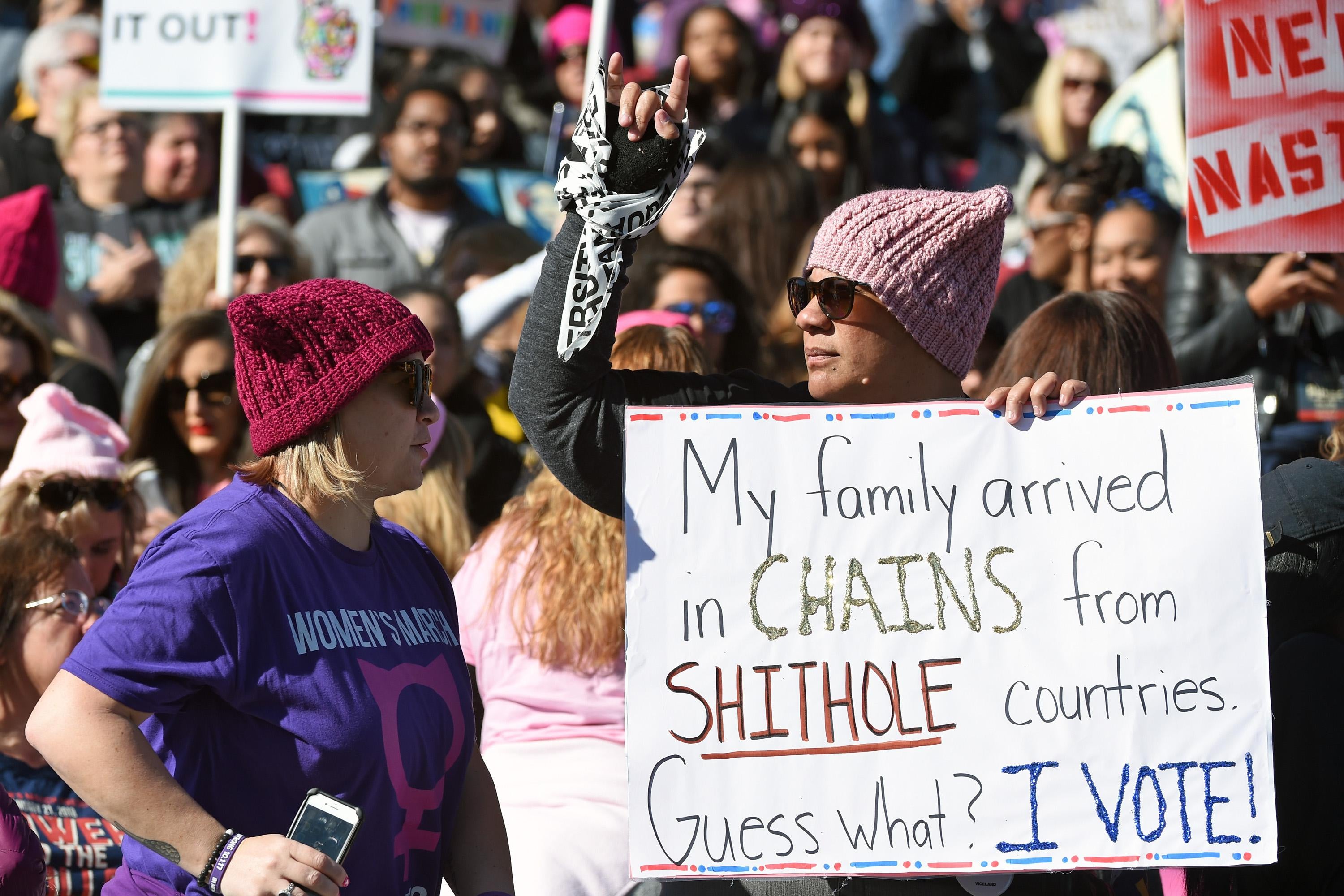 LAS VEGAS, NV - JANUARY 21:  (EDITOR'S NOTE: Image contains profanity.) An attendee holds a sign during the Women's March 'Power to the Polls' voter registration tour launch at Sam Boyd Stadium on January 21, 2018 in Las Vegas, Nevada. Demonstrators across the nation gathered over the weekend, one year after the historic Women's March on Washington, D.C., to protest President Donald Trump's administration and to raise awareness for women's issues.  (Photo by Ethan Miller/Getty Images)