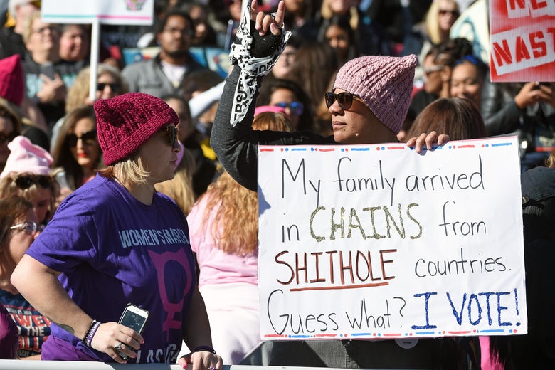 LAS VEGAS, NV - JANUARY 21:  (EDITOR'S NOTE: Image contains profanity.) An attendee holds a sign during the Women's March 'Power to the Polls' voter registration tour launch at Sam Boyd Stadium on January 21, 2018 in Las Vegas, Nevada. Demonstrators across the nation gathered over the weekend, one year after the historic Women's March on Washington, D.C., to protest President Donald Trump's administration and to raise awareness for women's issues.  (Photo by Ethan Miller/Getty Images)