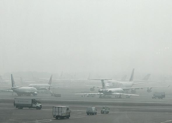 Passenger planes on the runway at Domodedovo airport in Moscow.