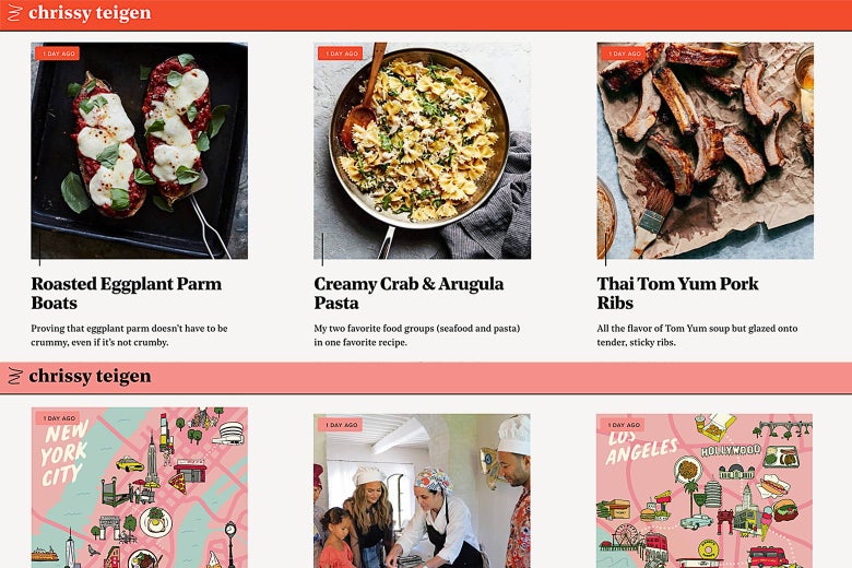 A screenshot of cravingsbychrissyteigen.com shows recipes and city guides.