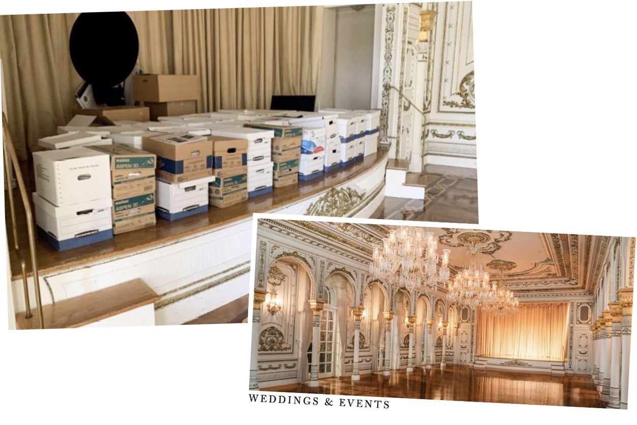 Views of what appear to be the same room: one containing classified documents in boxes; the other well-lit for a luxurious event.