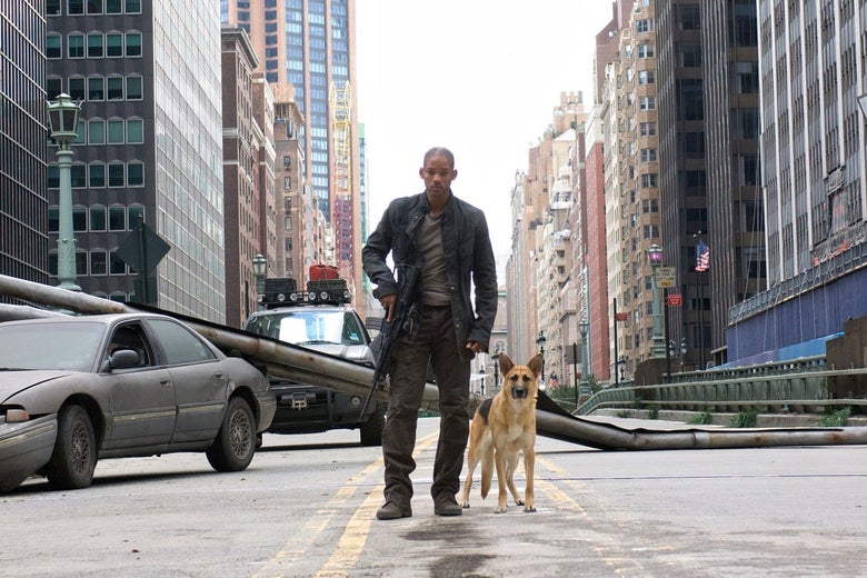 A man in distressed clothing walks down a dilapidated, post-apocalyptic high way with an automatic weapon in his hand and a german shepherd by his side.