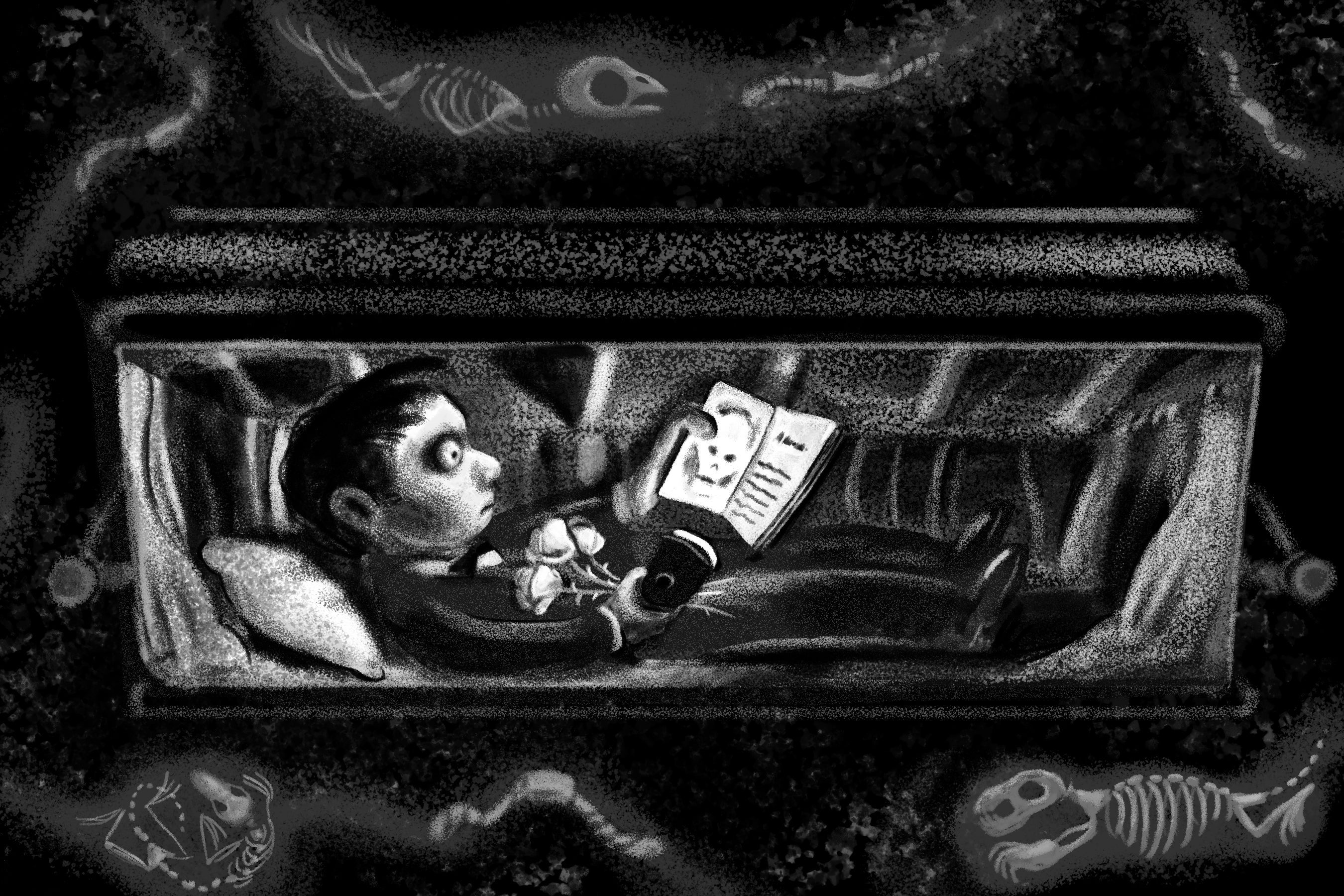 Spooky boy reading a book while lying in a coffin underground.