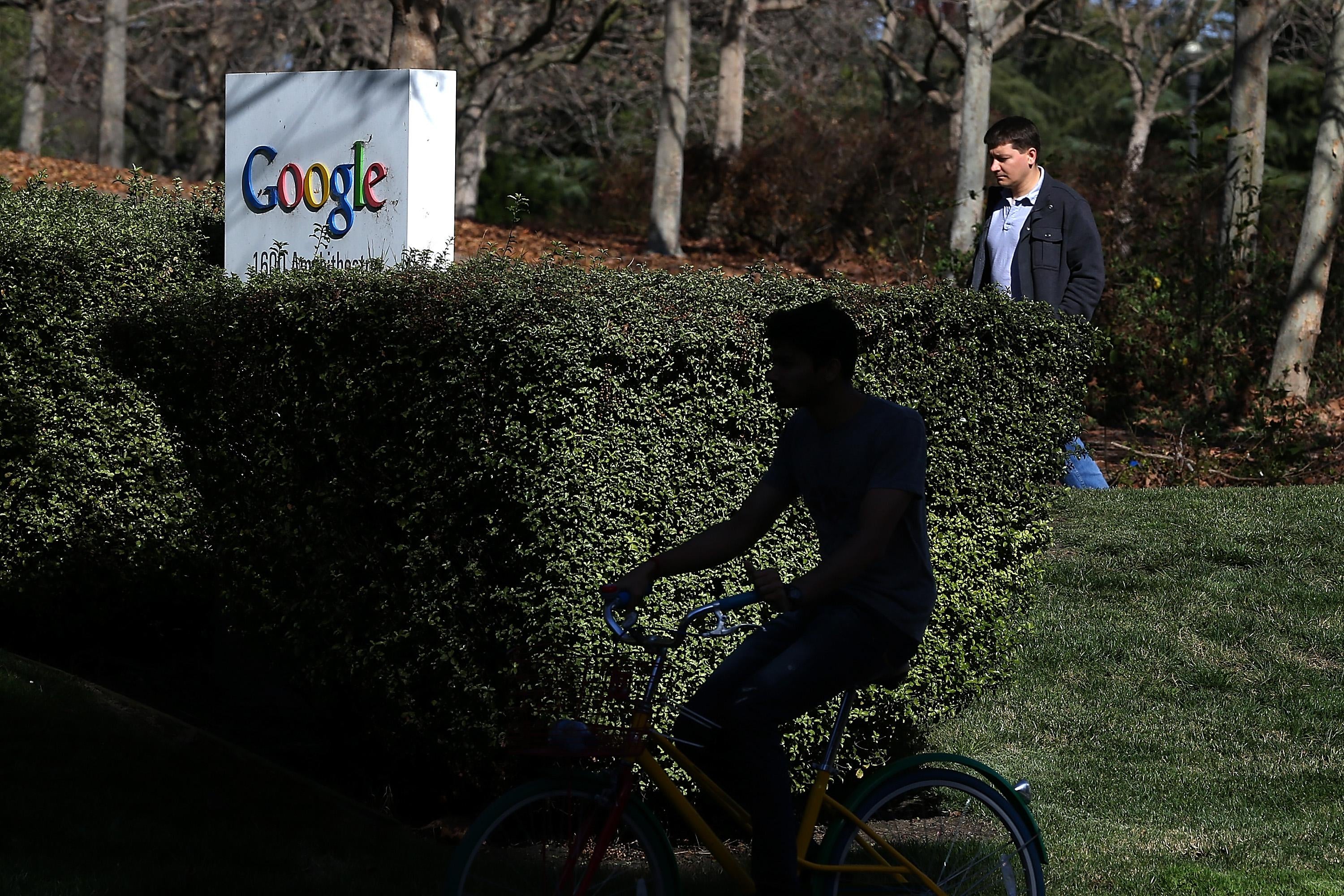 A sign is posted outside of Google headquarters.