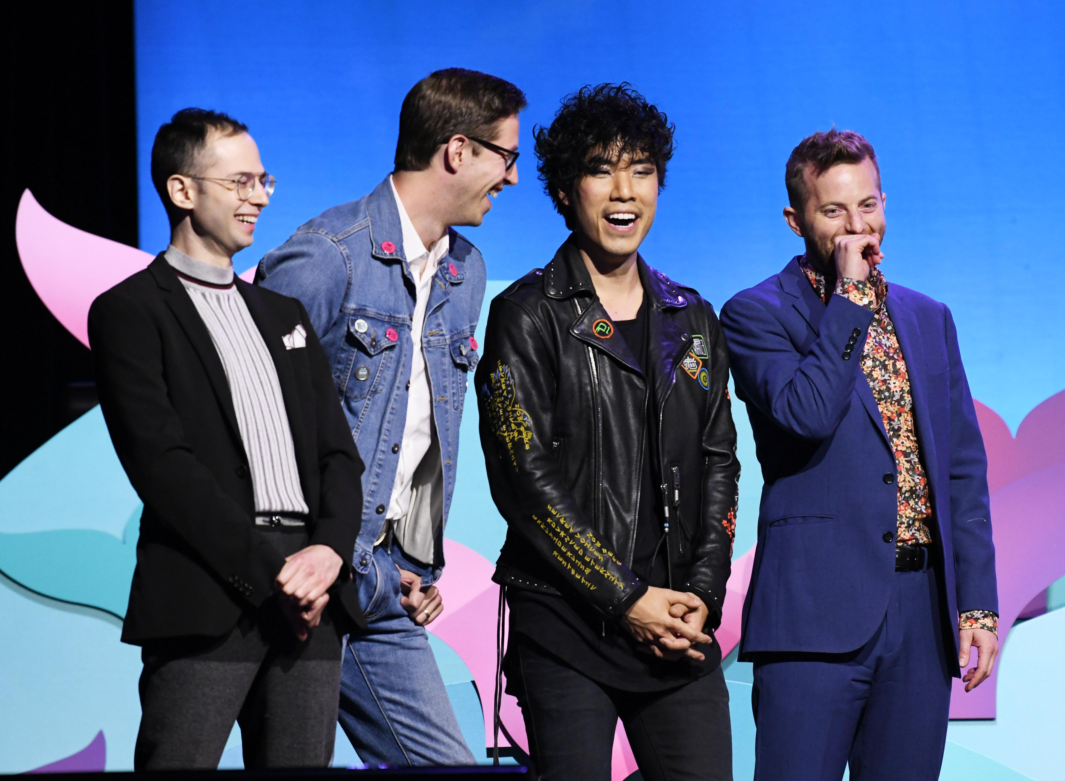 NEW YORK, NEW YORK - MAY 05:  Zach Kornfeld, Keith Habersberger, Eugene Lee Yang, and Ned Fulmer speak onstage during the 11th Annual Shorty Awards on May 05, 2019 at PlayStation Theater in New York City. (Photo by Noam Galai/Getty Images for Shorty Awards)