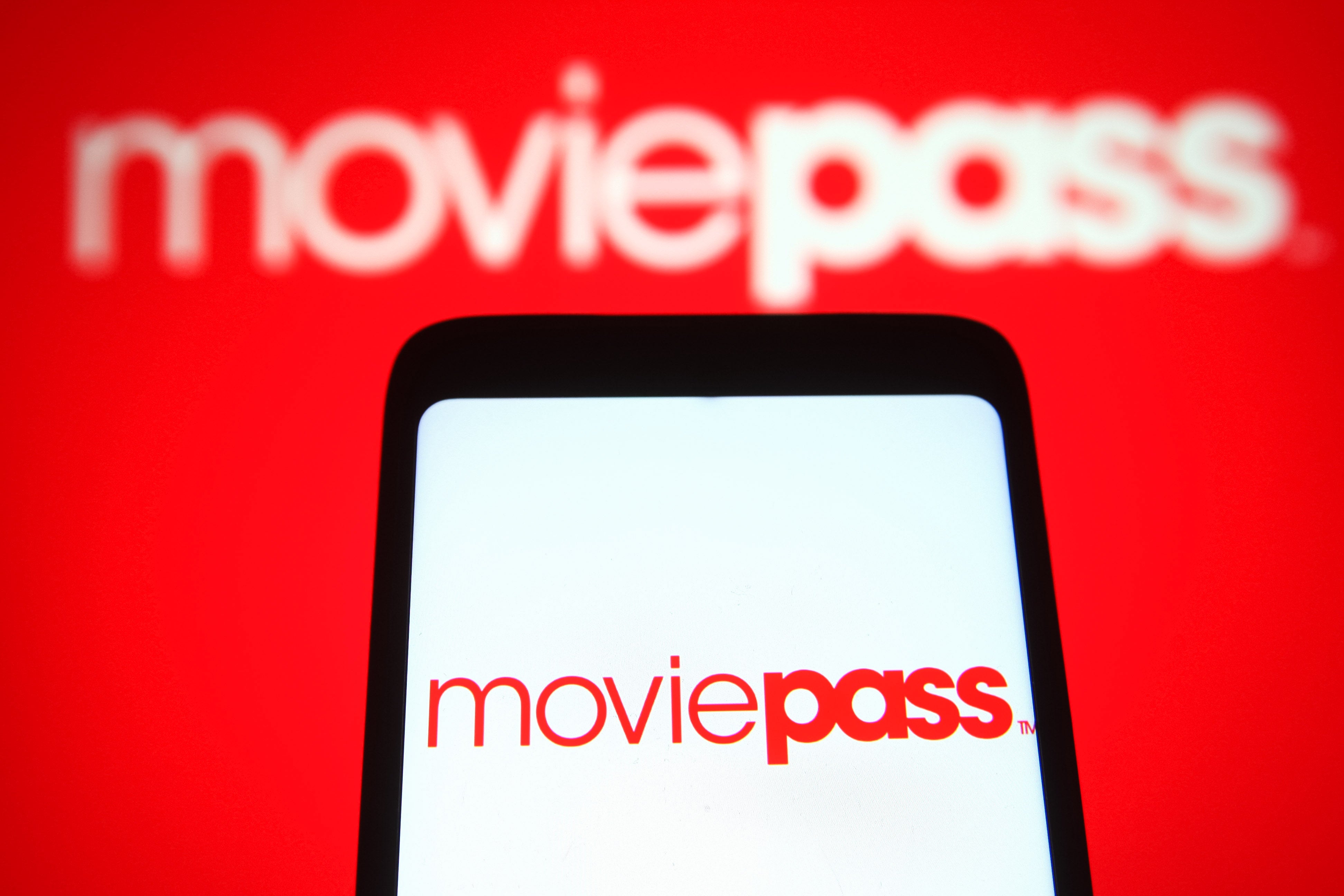The MoviePass logo, on a smartphone.
