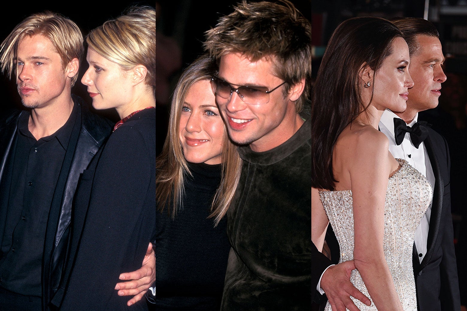 Triptych of photos of Pitt and Gwyneth Paltrow, Pitt and Jennifer Aniston, and Pitt and Angelina Jolie.