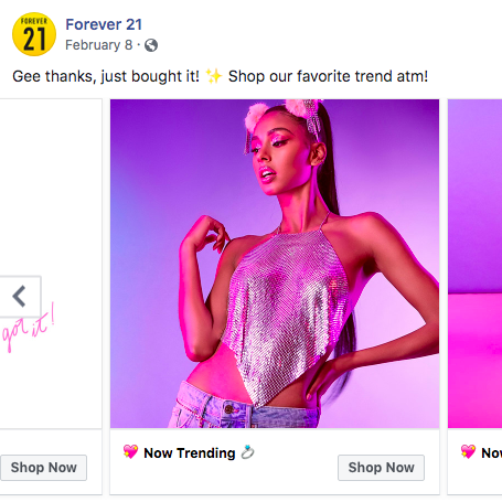 In a Forever 21 Facebook post dated Feb. 8, a model who resembles Ariana Grande wears a high ponytail in a photo beneath the caption "Gee thanks, just bought it! Shop our favorite trend atm!"