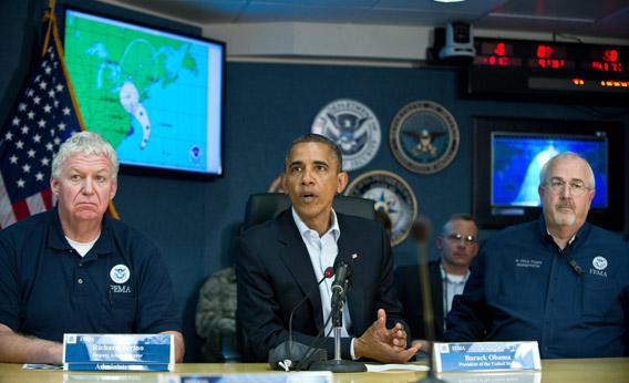 Barack Obama speaks to the press after a briefing on hurricane Sandy at the Federal Emergency Management Agency (FEMA) in Washington on Sunday.