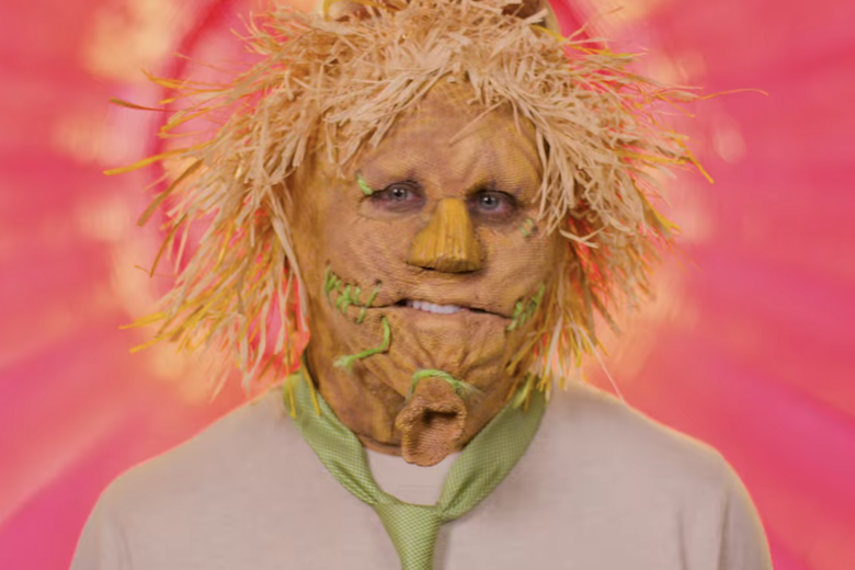 Man in white shirt wearing a scarecrow mask.