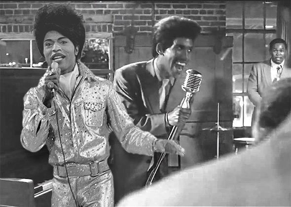 Little Richard, left, performs on an episode of the CBS show The Glen Campbell Goodtime Hour, on September 14, 1971. Right, Brandon Smith as Little Richard in Get On Up.