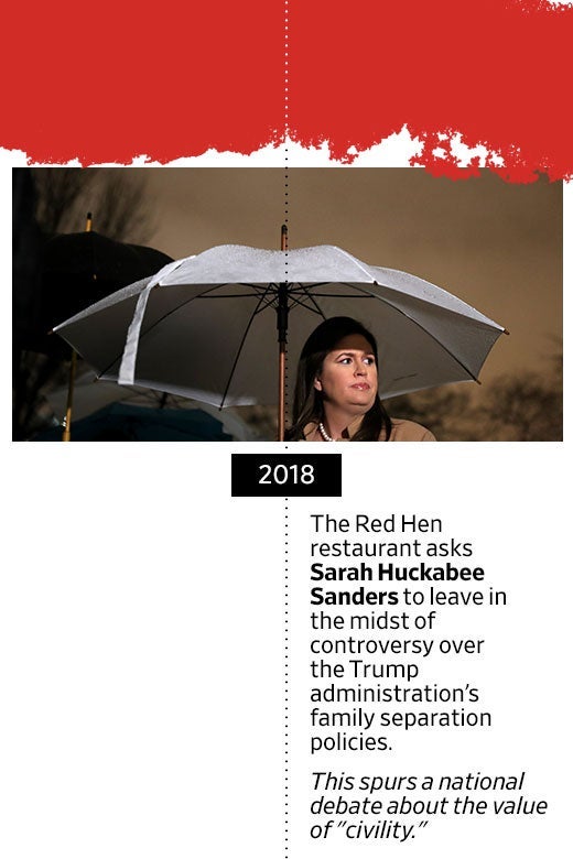 Photo of Sarah Huckabee Sanders under an umbrella. In 2018, the Red Hen restaurant asks Sarah Huckabee Sanders to leave in the midst of controversy over the Trump administration's family separation policies. This spurs a national debate about the value of "civility."