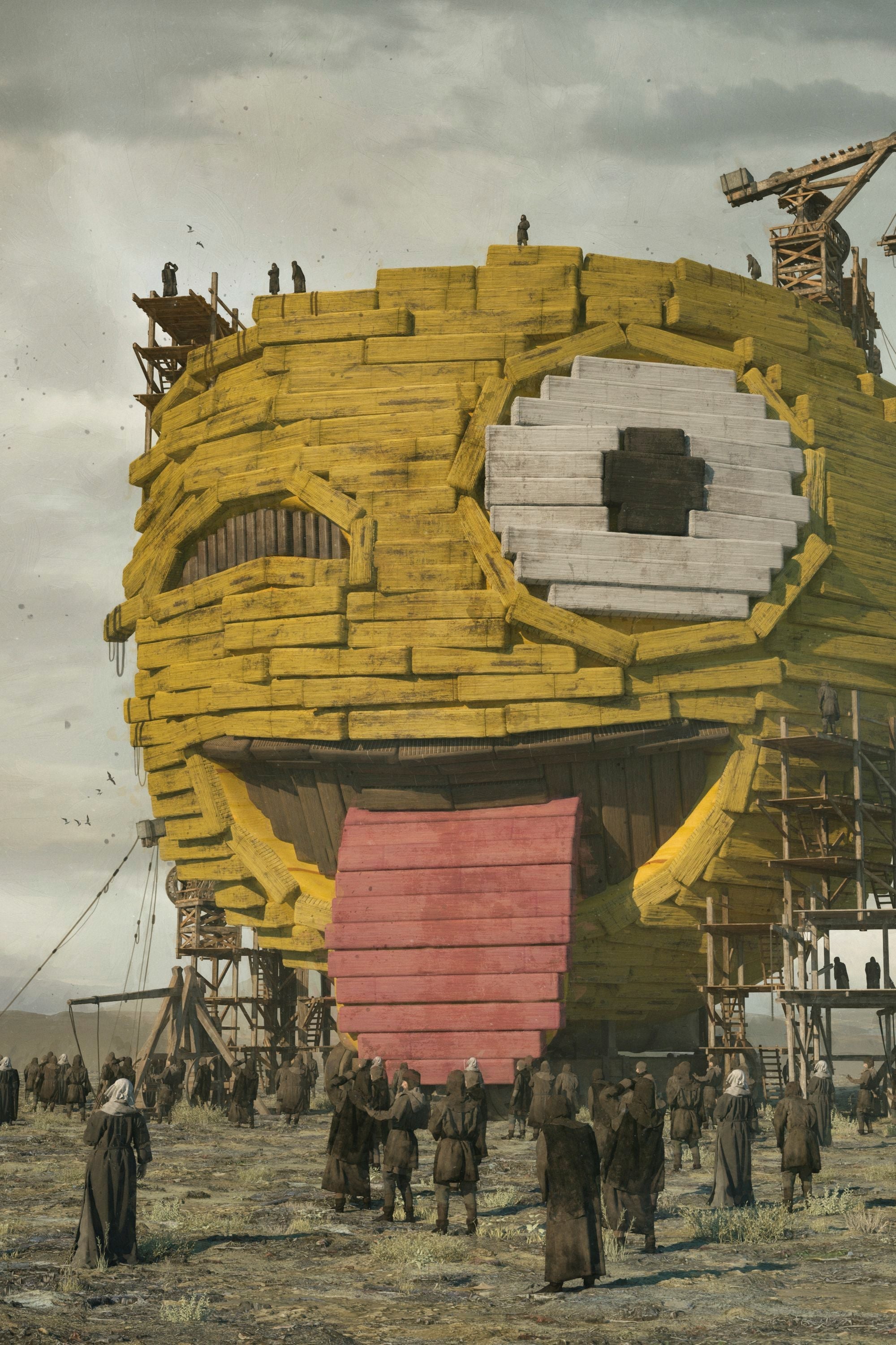 One of the images that makes up "EVERYDAYS: THE FIRST 5000 DAYS," in this case a smiley face emoji with its tongue out, but constructed as though it is an ancient monument.