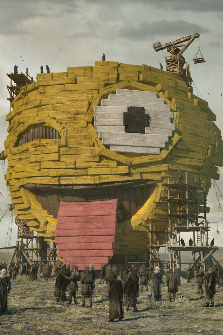 One of the images that makes up "EVERYDAYS: THE FIRST 5000 DAYS," in this case a smiley face emoji with its tongue out, but constructed as though it is an ancient monument.