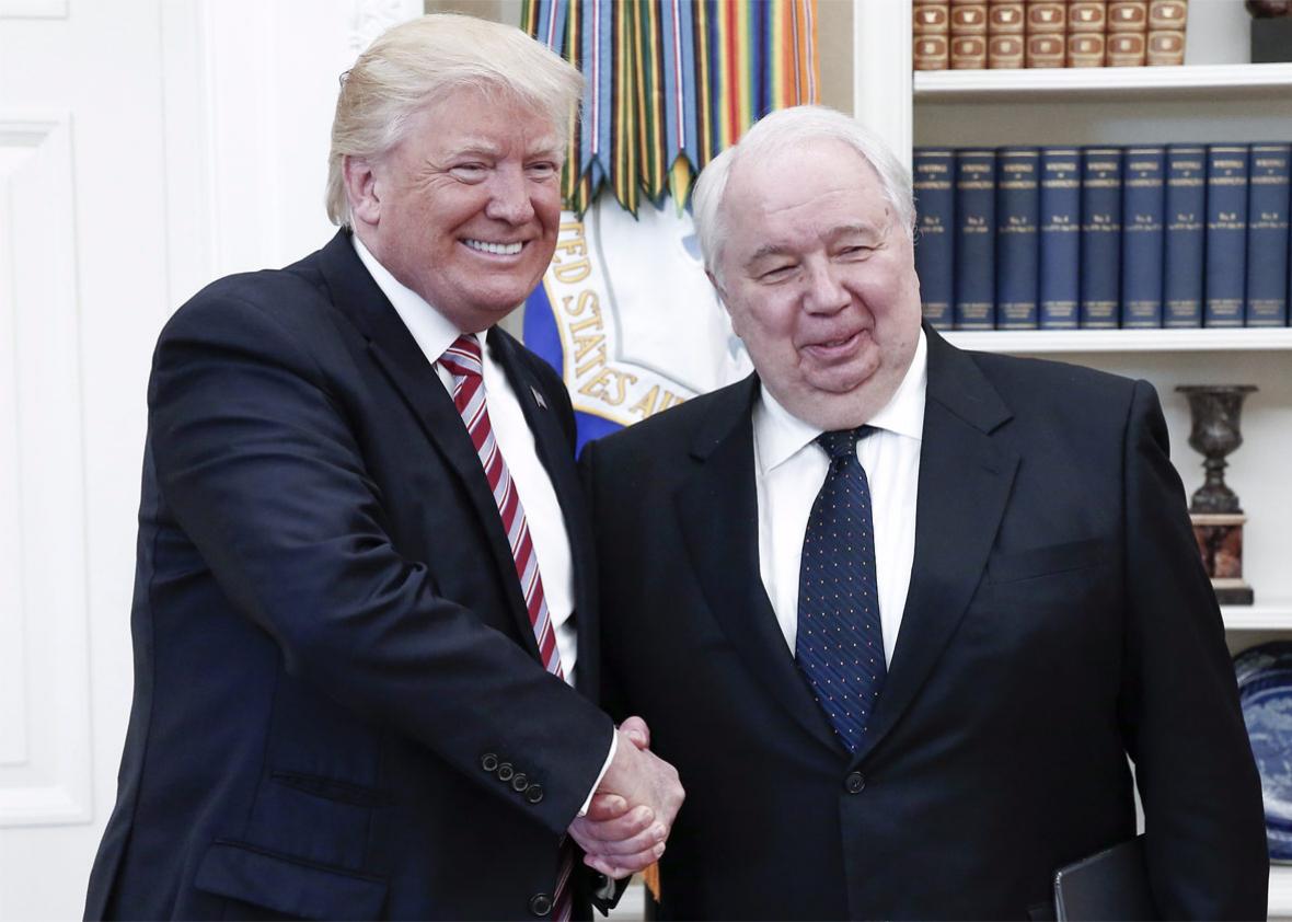 President Donald Trump shakes hands with Russian Ambassador to the United States Sergey Kislyak in the Oval Office at the White House on May 10.