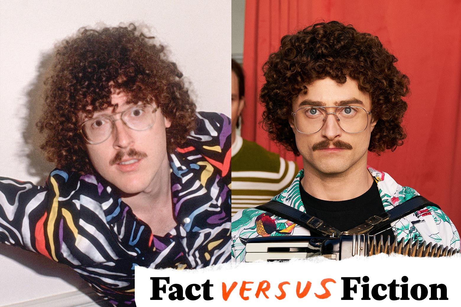 Both men have thick, curly hair, mustaches, and large glasses. They both wear brightly patterned shirts. Radcliffe holds an accordion.