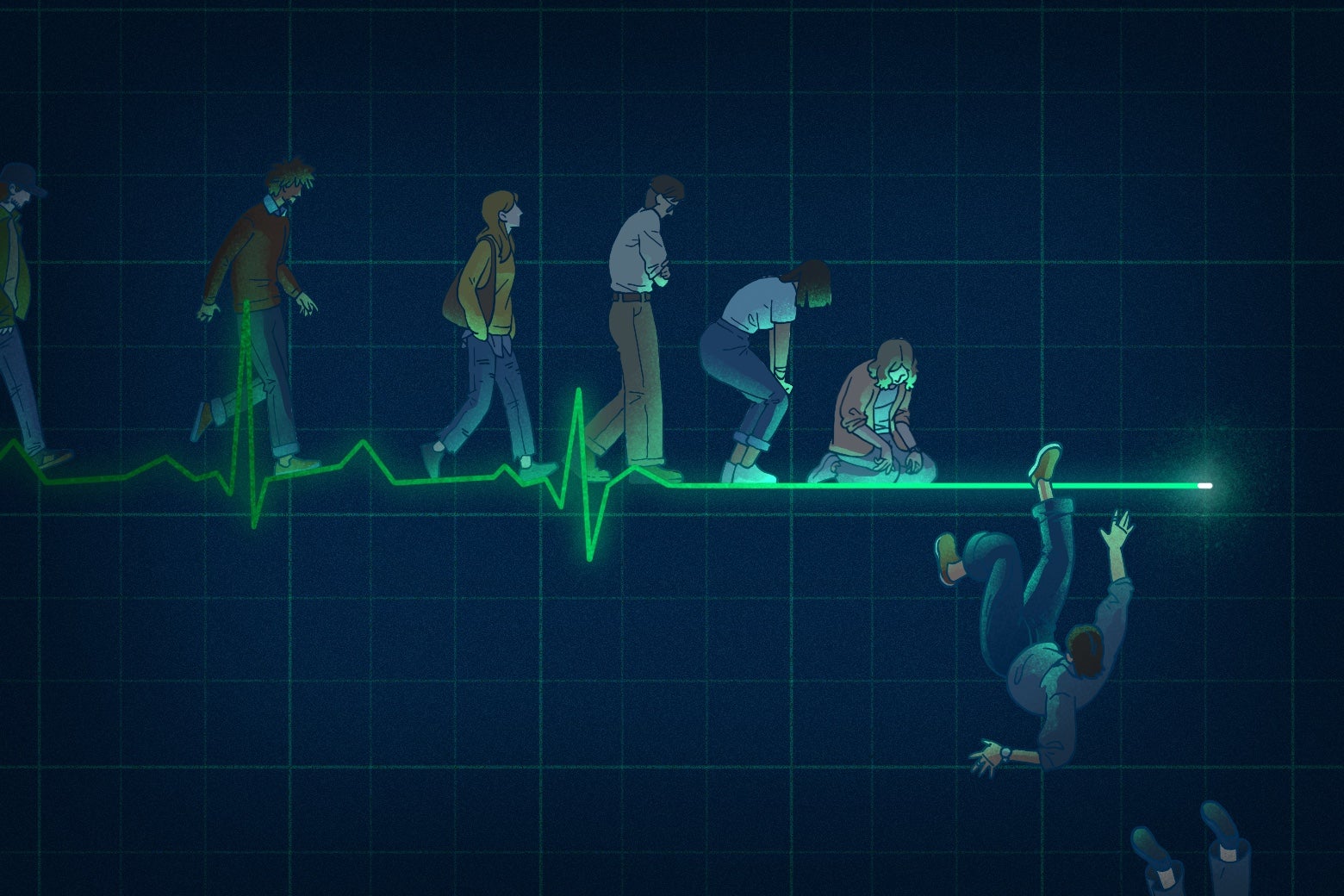 Um gráfico de linhas verde neon, com adultos mais jovens (pessoas na faixa dos vinte e trinta anos) caminhando sobre ele, mostrando um declínio na expectativa de vida.
