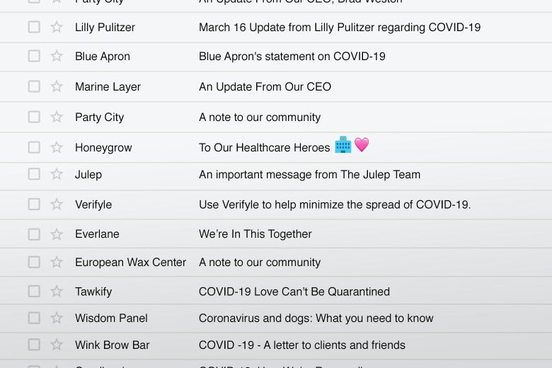 A screenshot of an inbox containing emails from the companies mentioned in this articles alongside coronavirus-related subject lines.
