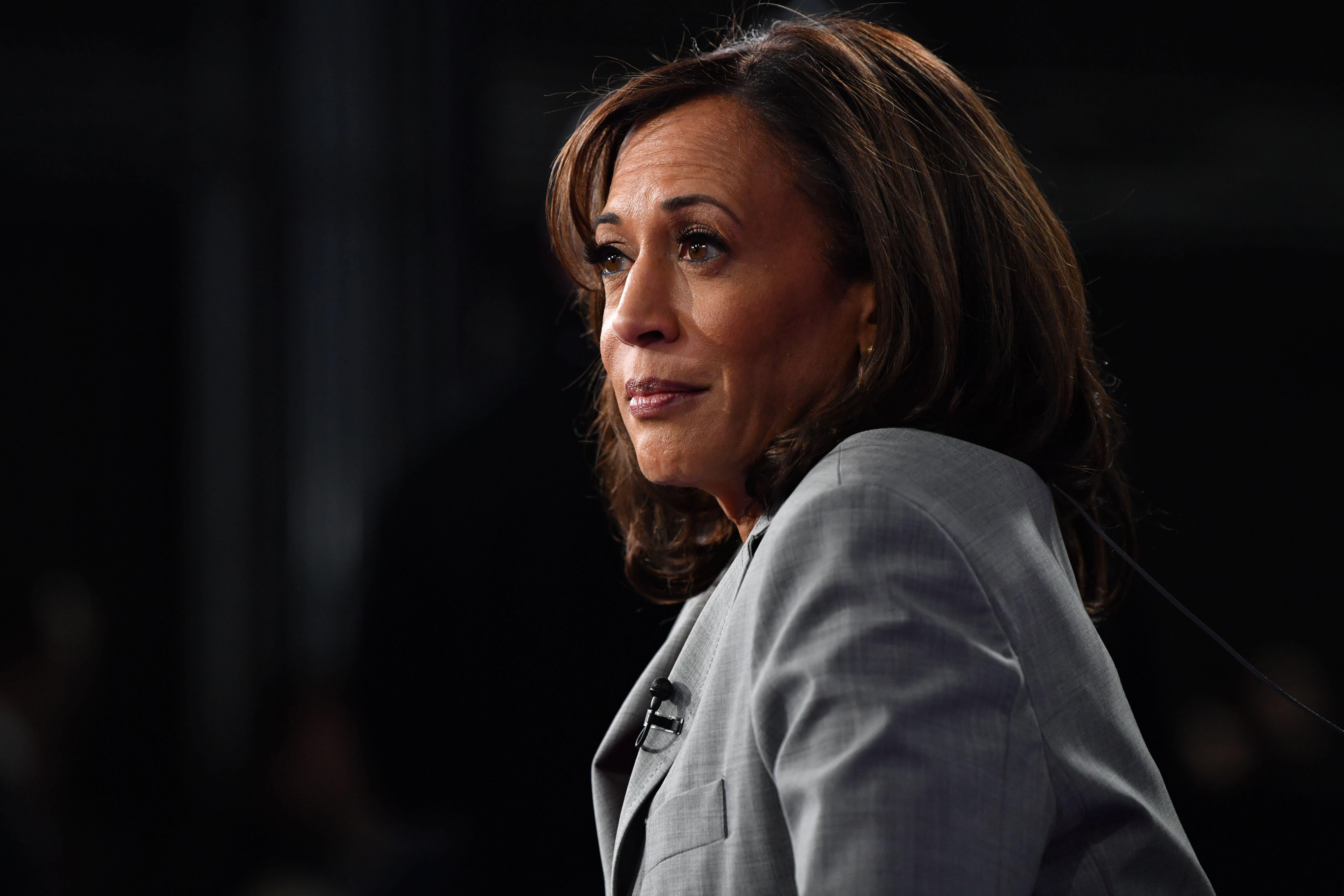 Democratic presidential hopeful California Senator Kamala Harris speaks to the press in the Spin Room after participating in the fifth Democratic primary debate of the 2020 presidential campaign season in Atlanta, Georgia on November 20, 2019.