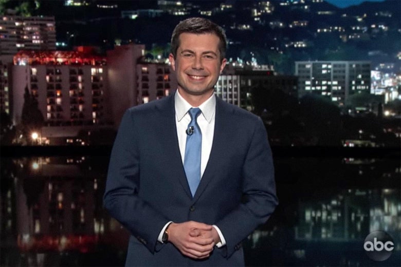 Pete Buttigieg delivers his monologue while guest-hosting Jimmy Kimmel Live!