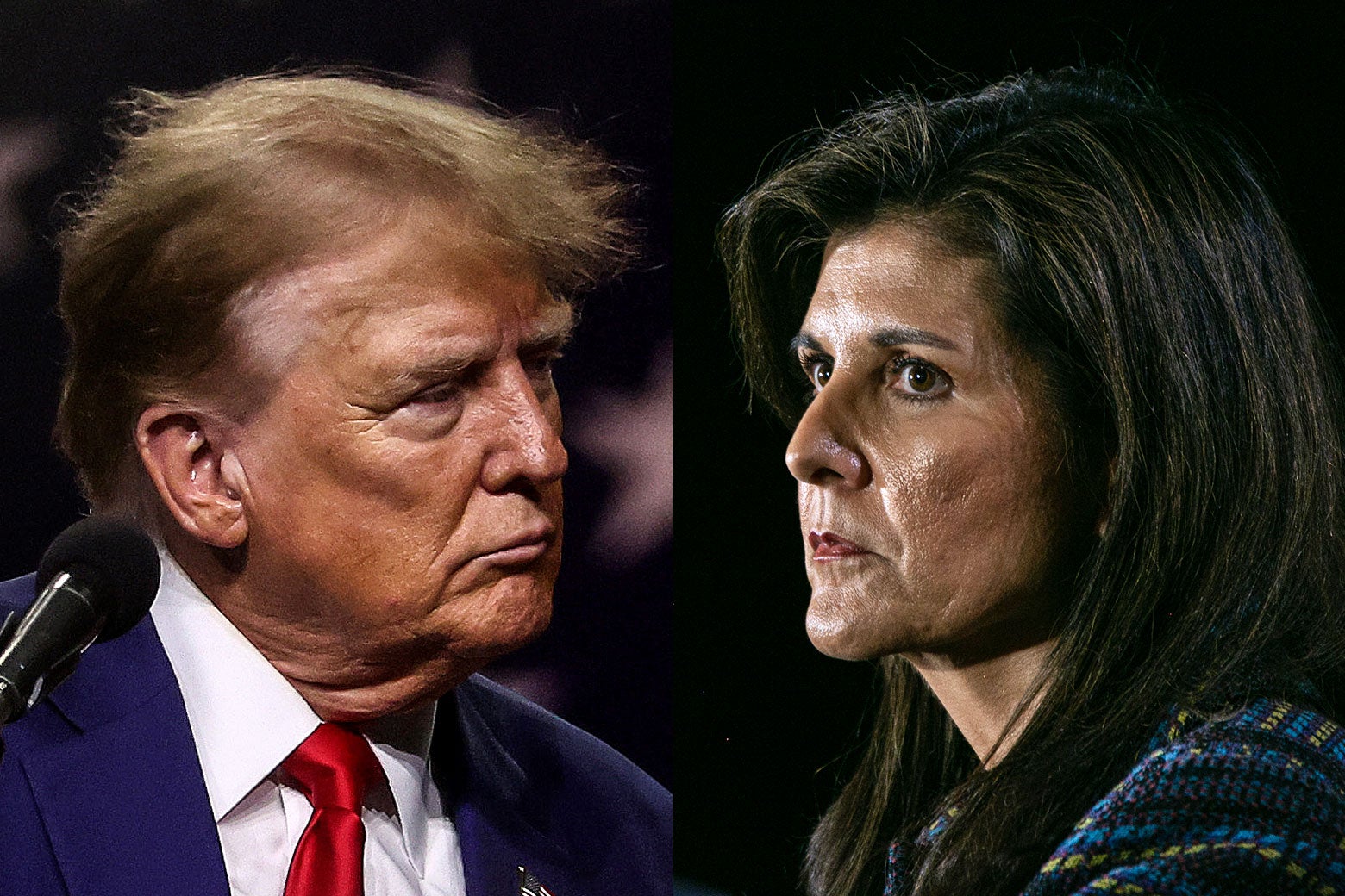 A split-screen with a photo of Donald Trump looking to the right, and Nikki Haley looking to the left.