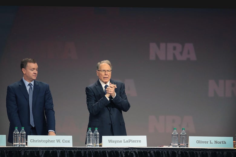 Chris Cox (L), executive director of the NRA-ILA, and Wayne LaPierre, NRA vice president and CEO attend the NRA annual meeting of members at the 148th NRA Annual Meetings & Exhibits on April 27, 2019 in Indianapolis, Indiana.