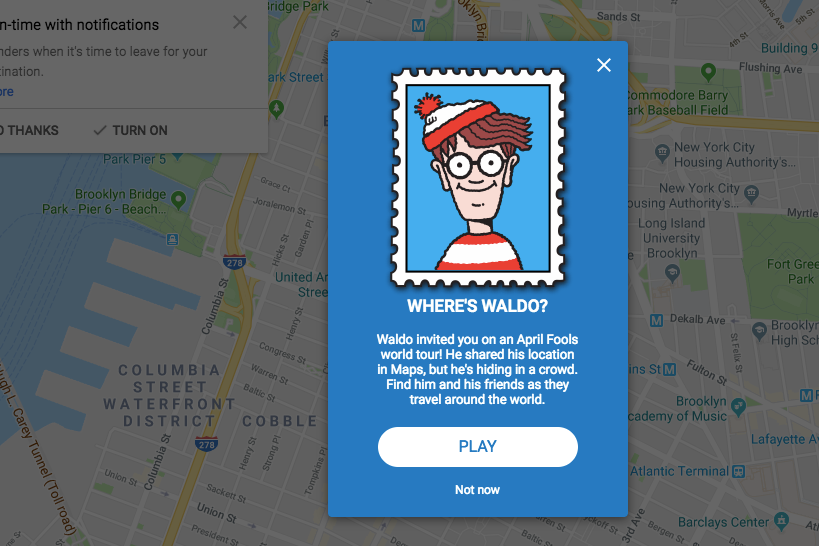 Screenshot of Google Maps with Where's Waldo? pop-up.