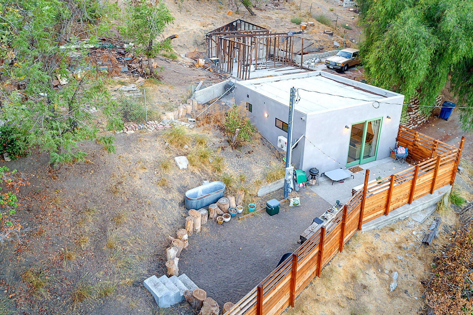The exterior of the shack while under construction.