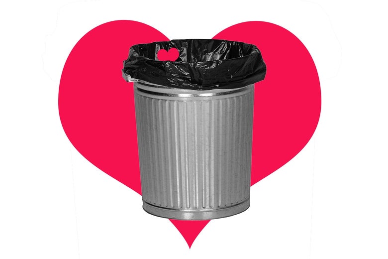 A trash can with a little illustrated heart in it. 
