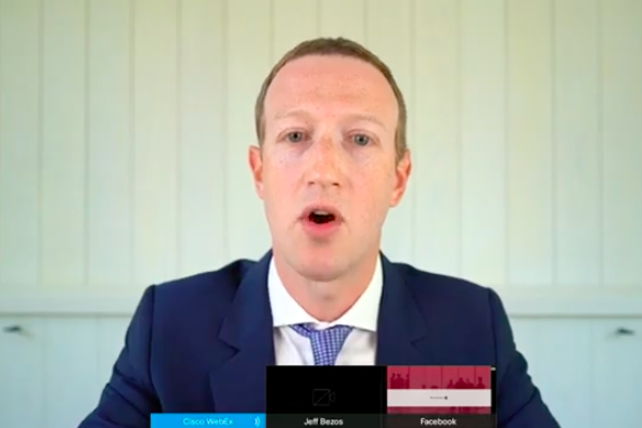 A screenshot of Mark Zuckerberg testifying from home.