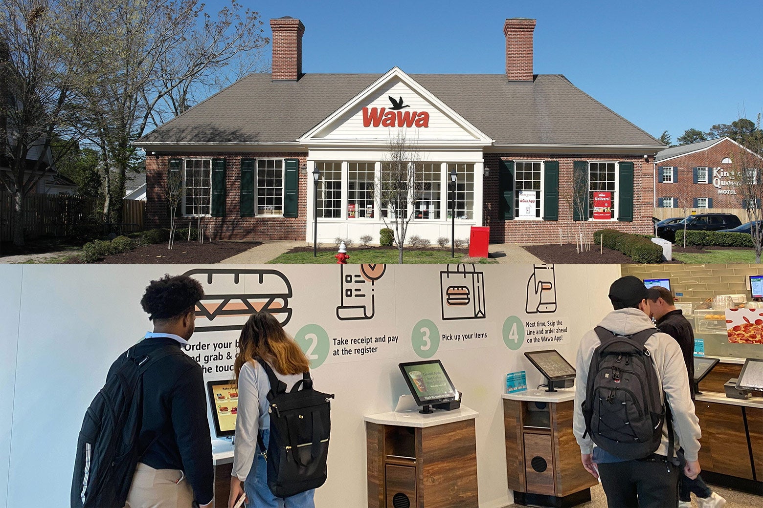 Top: Exterior of a Wawa store. Bottom: Interior of a Wawa store check-out area, with touchscreens and self-check out.
