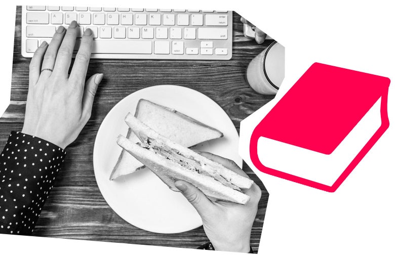 Overhead shot of a person typing on a keyboard with one hand, holding a sandwich in the other. And a graphic of a book.