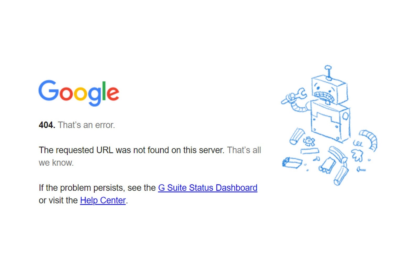 An error message from Google shows a broken robot.